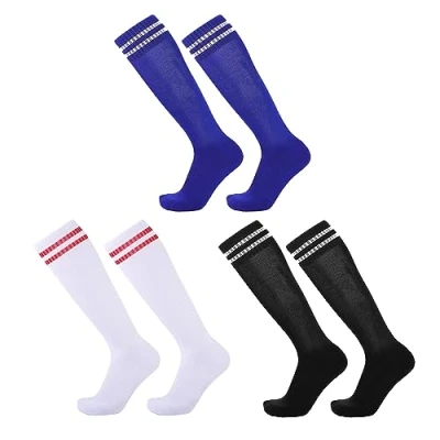 Image of SKHAOVS 3 Pairs Boys Girls Football Socks, Long Soccer Socks Breathable Sports Trainer Running Hockey Rugby Kids for Aged 5 12 (White,Blue,Black)