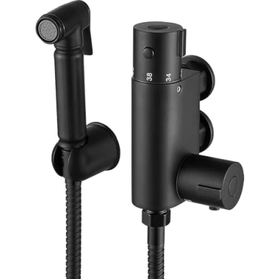 Image of EVOLVE WRAS Approved Thermostatic Matt Black Brass Bidet Douche Spray Toilet, Shattaf Bathroom Round Kit Muslim with Easy Fixing