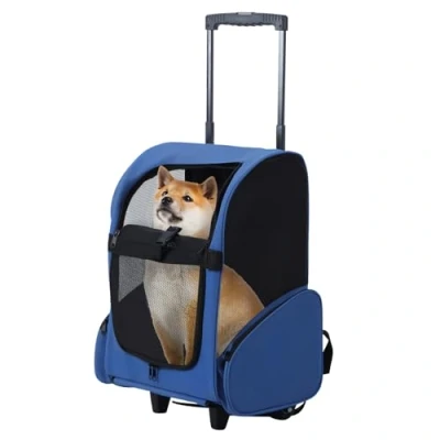 Image of loyliawa Cat Carrier with Wheels, Rolling Pet Carrier, Travel Backpack Double Wheels &amp; Telescopic Handle, for Small Medium Dog Royal Blue