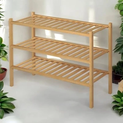 Image of Faboer 3 Tier Natural Bamboo Shoe Rack Easy Assembly &amp; Strong Design Stand Shelf Organiser Ideal for Corridor,Bedroom,Bathroom,Hallway Small Spaces Large Capacity Up to 12 Pairs of Shoes(55x70x25cm)