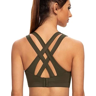 Image of AGONVIN Women&#039;s High Impact Plus Size Large Bust Sexy Strappy Wireless Padded Sports Bras Olive Green S