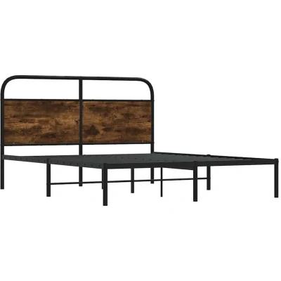Image of vidaXL bed frame smoked oak 140x200 cm, steel &amp; engineered wood, with headboard, modern bedroom furniture, double/slatted base, assembly required.
