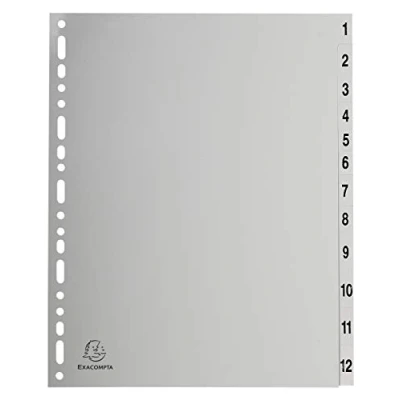 Image of Exacompta Ref 2912E PP Printed Indices For Use With A4+ Documents, 0.1mm Polypropylene, Pre Punched, Soft &amp; Tear Resistant 12 Divider Parts (1 12) Grey