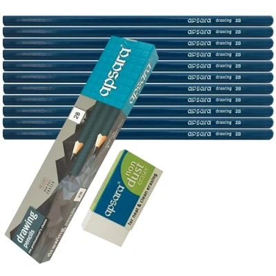 Image of Sketching Pencils, 2B Graded, Pack of 10, Graphite Lead, Professional Artists Drawing Pencils Eraser Pack, Sketch Draw Shade Write, iZOFAX Black Ball Pen