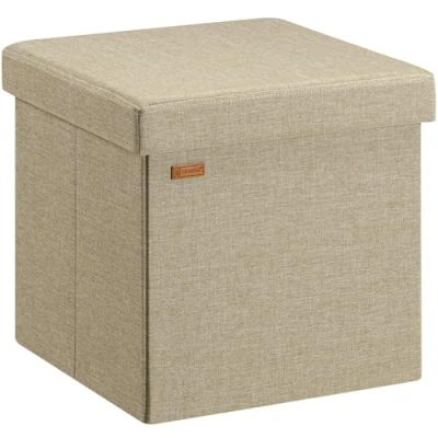 Image of CASARIA® 38cm Square Foldable Stool with Storage Space Linen Removable Padded Lid 38x38cm Ottoman 40 Litre Capacity Chest Shoe Accessory Store Box Beige