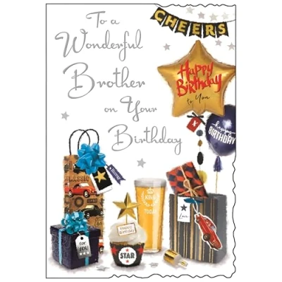 Image of Jonny Javelin Wonderful Brother Birthday Card Balloons Presents Beer Cupcake