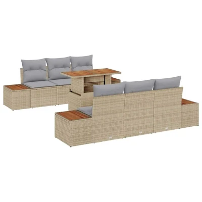 Image of vidaXL 7 Piece Garden Dining Set with Cushions Beige Poly Rattan Acacia