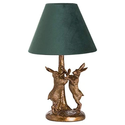 Image of Gold Marching Hares Table Bedside Lamp w Green Velvet Shade 40w E27 Bulb