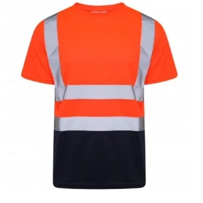 Image of LIZZIE JACOBS Hi Viz Vis High Visibility Crew Neck Short Sleeves T Shirts Reflective Tape Safety Round Security Work Breathable Lightweight Workwear Tops (Medium, Orange/Navy)