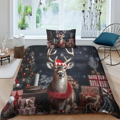 Image of GEEYOU Christmas Cutie Comfortable Duvet Cover Set Luxe Critters Quilt Hidden Zipper with Pillowcases Comforter Soft Microfiber Washable Bedding Single（135x200cm）