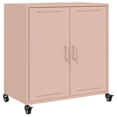 Image of vidaXL Pink Sideboard Storage Cabinet Cold Rolled Steel, 68.5x39x72 cm, 2 Door Highboard with Wheels