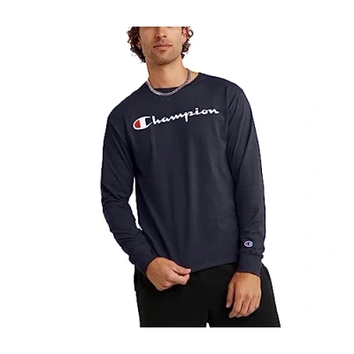 Image of Champion Men&#039;s, Classic Long Sleeve, Comfortable, Soft T Shirt (Reg. Or Big &amp; Tall), Navy Script, XL