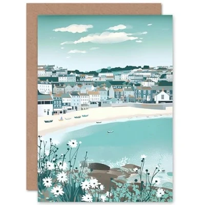 Image of Artery8 St Ives Bay Daisies Soft Pastel Coastal Cityscape Travel Birthday Sealed Greeting Card Plus Envelope Blank inside