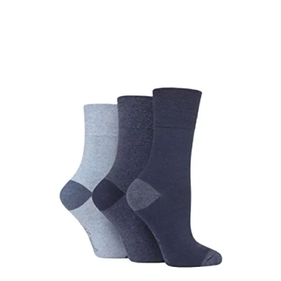 Image of Women&#039;s 3 Pair Gentle Grip Cotton Patterned and Striped Socks Contrast Heel Toe Navy / Denim 4 8 Ladies