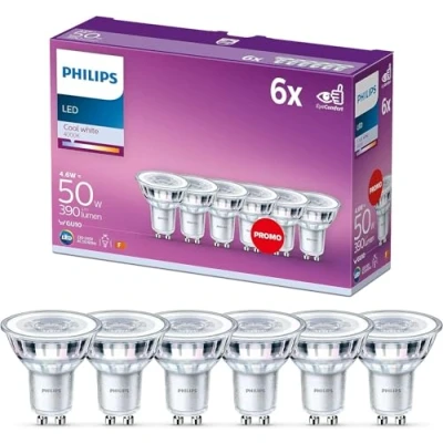 Image of PHILIPS LED Classic (GU10 Spot) 4.6W 50W Equivalent, 220 240V, Standard Cool White, 4000K (Non Dimmable), 6 Pack