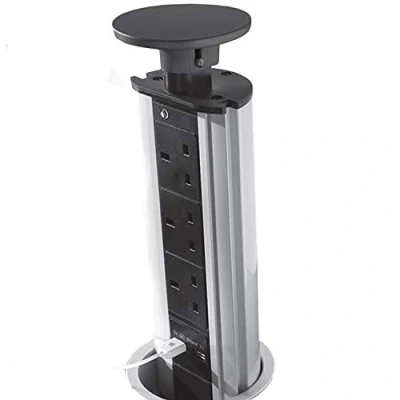 Image of Pop Up 3 Gang Mains Power Extension Tower BLACK Way Plugs &amp; 2x USB Charging Ports Hidden Flush Recess Retractable Mounted Pull Sockets Kitchen Worktop Office Desk Loops