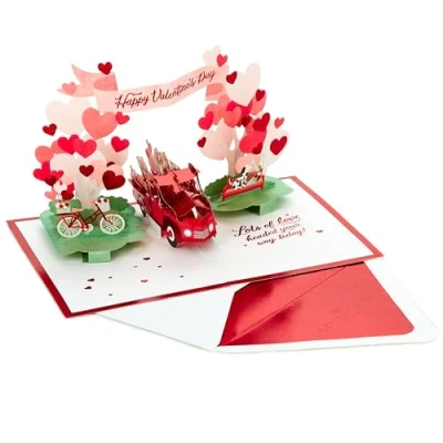 Image of Hallmark Valentines Card, Day 3D &amp; Pop Up, Red Truck, Dogs, Flowers, Archway, Red, White, Pink
