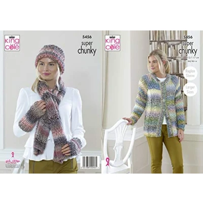 Image of King Cole 5456 Knitting Pattern Womens Cardigan Hat Scarf Wrist Warmers in Explorer Super Chunky