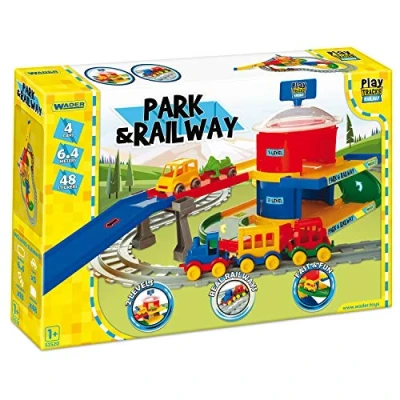 Image of Wader 51520 Play Tracks Car Park and Railway, Set of Rails Road with Approx. 6.4m Length, Including 4 Vehicles 48 Stickers, from 12 Months, Ideal as a Gift, Multicoloured, Standard
