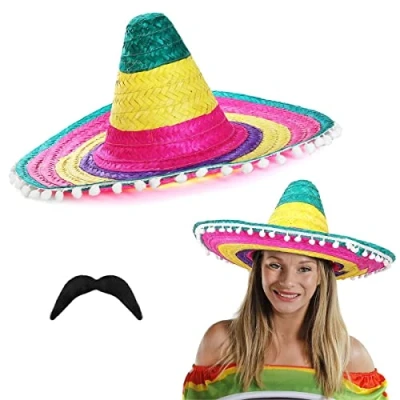 Image of Mexican Sombero With Pom Edges Fancy Dress Accessory Moustache Hat Straw Holiday Stag Night Clubbing Bandito Multicoloured Pack of 1