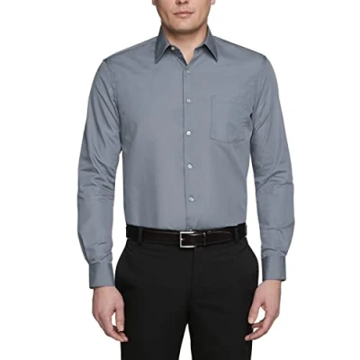 Image of Van Heusen Men&#039;s Poplin Regular Fit Solid Point Collar Dress Shirt, Grey, 16&quot; Neck 34&quot; 35&quot; Sleeve