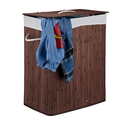 Image of Relaxdays Lidded Bamboo Laundry Hamper, 100 L, Clothes Container, 2 Compartments, Folding, Rectangular Basket, Bathroom, 60% Polyester 20% Cotton, Brown, H x W D: app. 63 52 33 cm