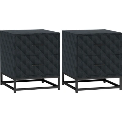 Image of HOMCOM Bedside Tables Set of 2, Modern Table Nightstand with 2 Drawers, Cabinet Sofa Side Storage, Steel Legs for Bedroom, Living Room, Black