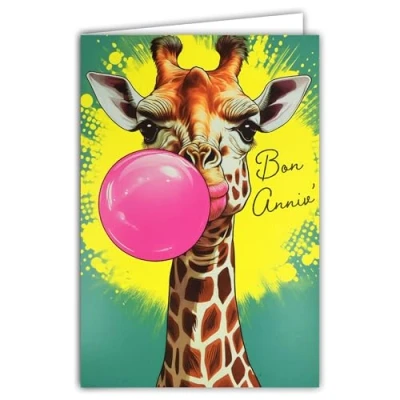 Image of 69 8108 Happy Birthday Card with Envelope 12 x 17.5 cm Giraffe Making a Bubble of Pink Chewing Gum Dough Real Fluorescent Inks Created and Made in France