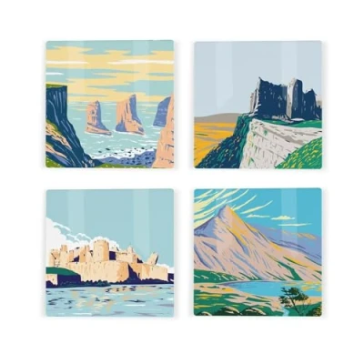 Image of Wales Ceramic Coaster Set UK Welsh Landmarks/Landscapes Square of Four (4) Coasters Gift
