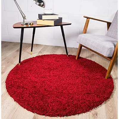 Image of Maroon Burgundy Dark Wine Red Thick Shaggy Carpet Circle Round Rug Soft Dense Pile Fluffy Easy Clean Lounge Bedroom Kitchen Hallway Living Room Floor Area Rugs 135cm Diameter