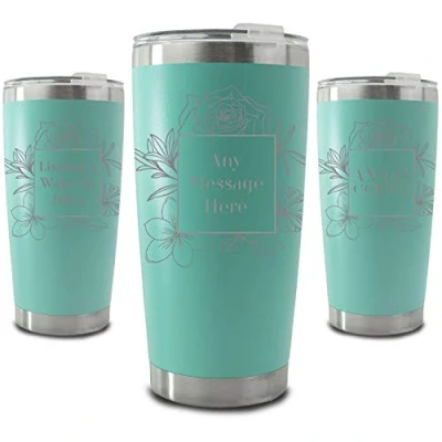 Image of Personalised Engraved 500ml Mint Travel Cup with Floral Square Design, Personalise Any Message or Name