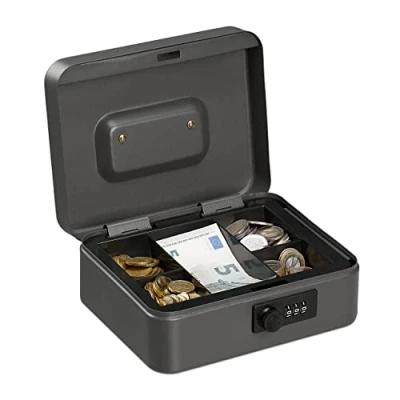 Image of Relaxdays box, 3 digit number combination, coin insert, iron register, HBT 8.5 x 20 17 cm, grey