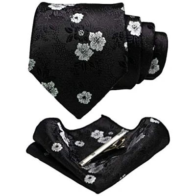 Image of JEMYGINS Mens Floral Ties and Pocket Square Sets with Tie Clip Available, black / white, M