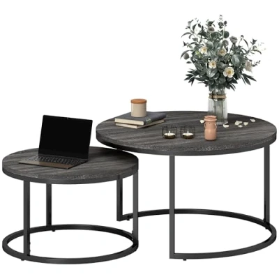 Image of HOMCOM Nest of Tables, Round Coffee Table Set 2, Tables with Steel Frame for Living Room, Wood Grey