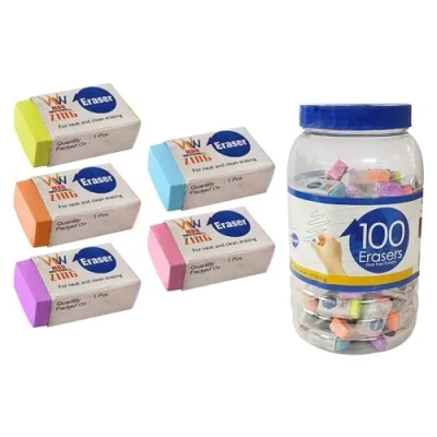 Image of Writewell Novelty Coloured Erasers, Medium, Pack of 100, Multicolour, Multipack, Pencil Rubber Perfect for School Home Office Classroom Nursery Use