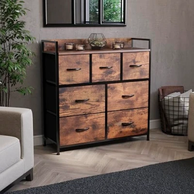 Image of Vida Designs Chorley Chest of Drawers with Sturdy Metal Frame, Wood Top, and Fabric Drawers, Easy to Assemble Versatile Storage Unit for Bedroom, Living Room, or Nursery (Rustic Brown)