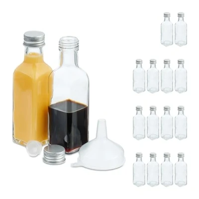 Image of Small Bottles, Set of 16, 50 ml, Glass Bottles for Filling, Screw Cap &amp; Cork, Mini Transparent/Silver Relaxdays