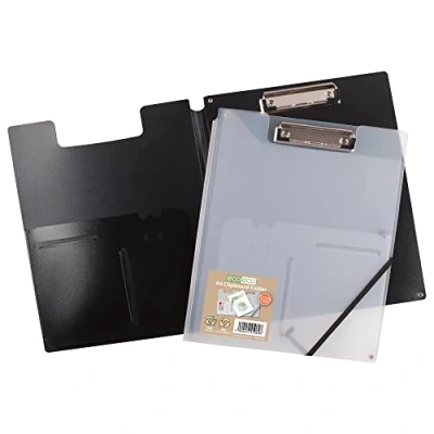 Image of eco A4 50% Recycled Black Clipboard Folder with Inside and Back Storage Pocket, Pen Holder, 1 Black, Clear (Pack of 2)