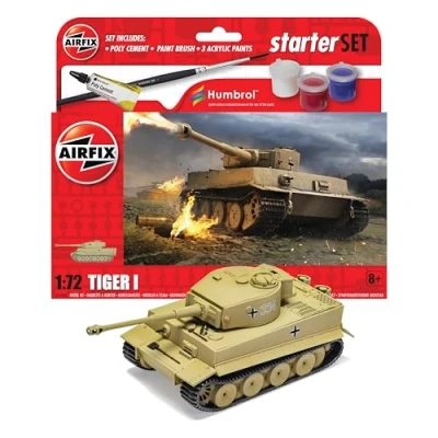 Image of Airfix Starter Set A55004 Tiger 1 Model Building Kit Plastic Tank Kits for Adults &amp; Children 8+, Includes Decals, Humbrol Acrylic Paints, Brushes Poly Cement 1:72 Scale