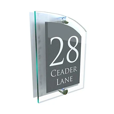 Image of ARCHED ACRYLIC HOUSE SIGN UV PRINTED Genuine Perspex PLAQUE DOOR NUMBER STREET GLASS EFFECT ALUMINIUM NAME ARCA5 28WA S C