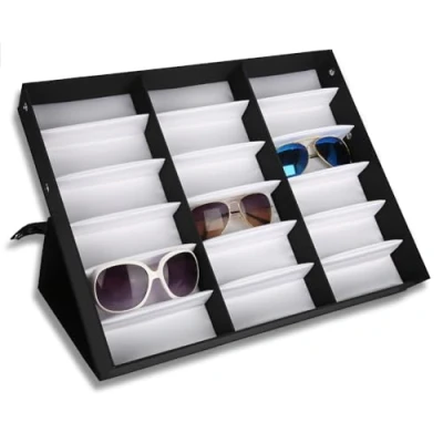 Image of Sunglasses Display Box, 18 Slots Grids Eyeglasses Storage Case with Folding Stand Lid Tray for Eyewear Glasses Jewelry Organizer
