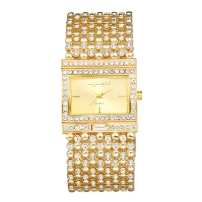 Image of JewelryWe Rectangular Bracelet Watch for Women: Iced Out Rhinestone Analog Quartz Gold Sliver Adjustable Dress Elegant Watches Gifts Girlfriend Mother Wife