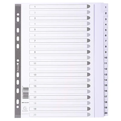 Image of Exacompta Ref MWD1 20Z EW Mylar Printed Indices For Use with A4+ Documents, Pre Punched, 160gsm White Card Reinforced Plastic Tabs, FSC Certified 20 Part Dividers (1 20)