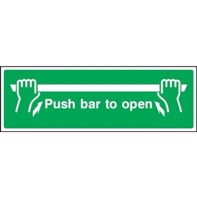 Image of Push bar to open emergency door Safety sign Self adhesive sticker 300mm x 100mm Case (Pack of 10)