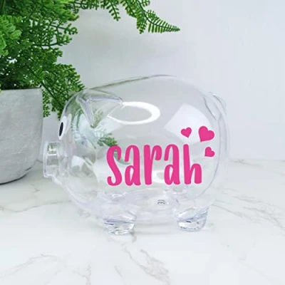 Image of eBuyGB Personalised Transparent Plastic Piggy Bank, Kids Money Box, Saving Jar Keepsake for Children, Novelty Gift (Transparent)