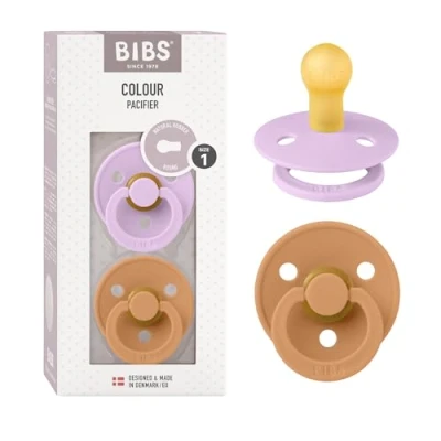 Image of BIBS Colour Soother 2 Pack, BPA Free Dummy Pacifier, Round Nipple. Natural Rubber Latex, Made in Denmark, Size 1 (0 6 Months), Violet Sky/Pumpkin