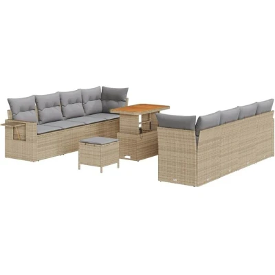 Image of vidaXL 11 Piece Garden Sofa Set with Cushions Beige Poly Rattan Acacia