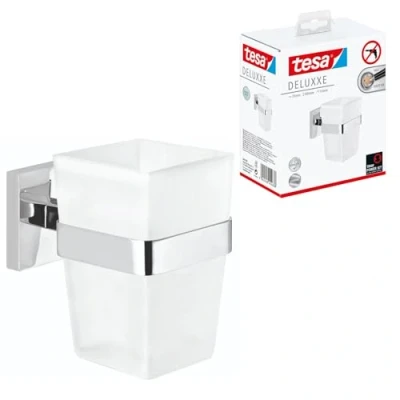 Image of tesa DELUXXE Toothbrush Holder Self Adhesive, Stainless Steel Tooth Brush with Frosted Glass Cup Waterproof, incl. Power.Kit Adhesive Solution 100mm x 70mm 113mm