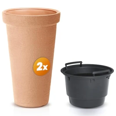Image of CASARIA® Set of 2 XXL Plant Pots 42 Litre Capacity 40 cm Diameter 63 Height Customisable Drainage Weatherproof &amp; UV Stable Durable Plastic Removable Inner Terracotta