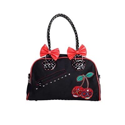 Image of Banned Black Polka Dots Cherry Skulls Vintage Retro Ladies Handbag